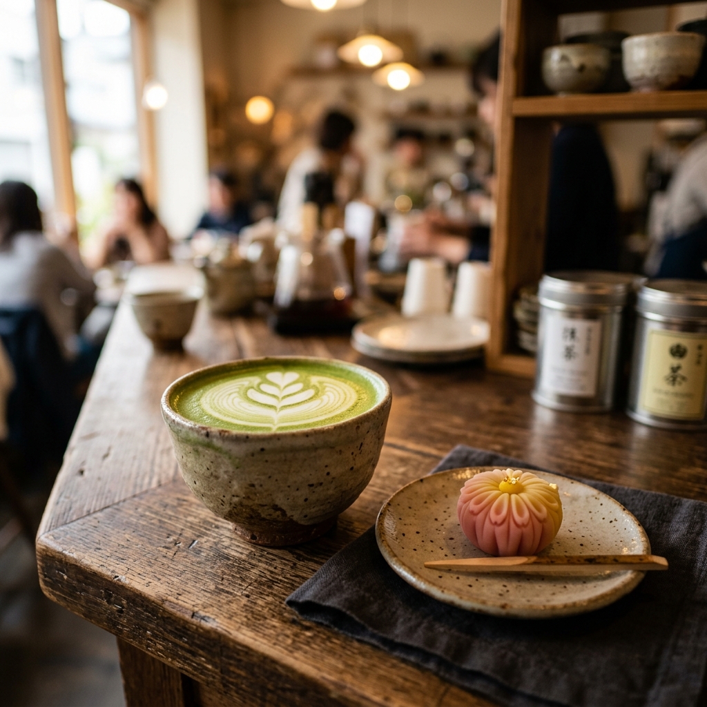 抹茶ラテと和菓子